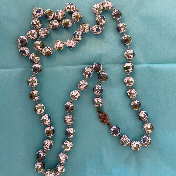 32" Vintage Chinese Cloisonne enamel bead necklace, hand knotted on silk - Picture 1 of 4